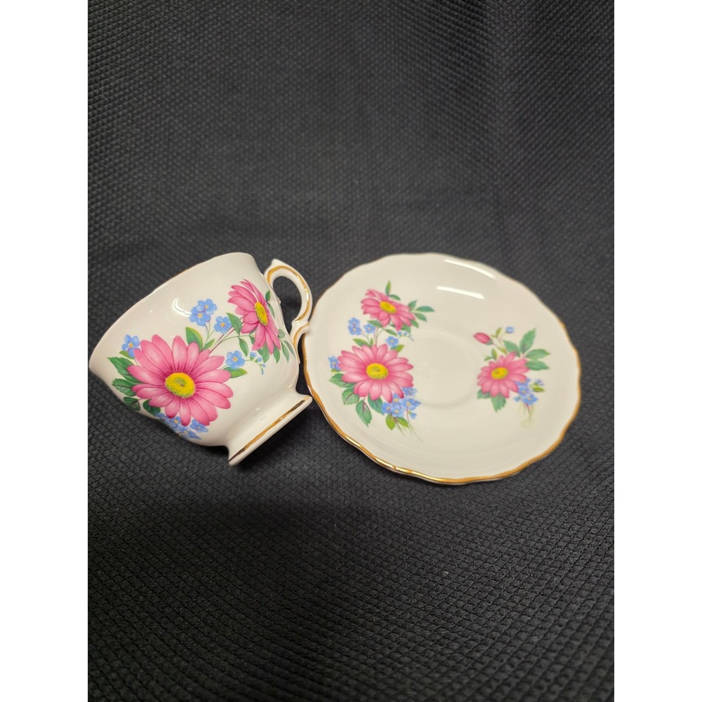 Royal Vale Bone China Tea Cup and Saucer Set Pink Daisy Blue Floral England